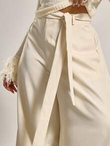 MUSERA Calças de alfaiataria plus size de perna larga com detalhe de amarração na cintura, estilo descolado, confortável, para o dia a dia, Tusk Casual. - Damasco - Ver 5