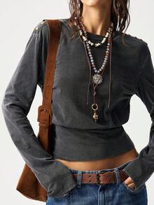 Bohemela Casual Solid Color Knit Crew Neck Long Sleeve Cropped Women Top - Black - View 3