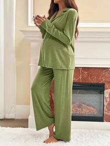 Slowluna 2pcs Maternity Solid Color Long Sleeve Top And Pants Pajama Set Pajamas Sleep Wear Women Sets 2 Pieces Lounge Woman Clothes Two Suits Fall - Green - View 3