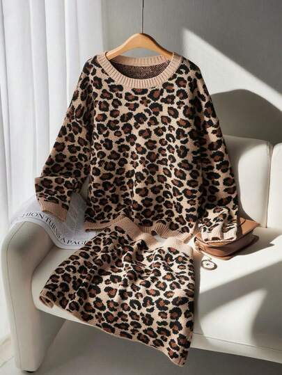 Franclia 大码女式针织豹纹两件套休闲套头衫和裙子，秋冬