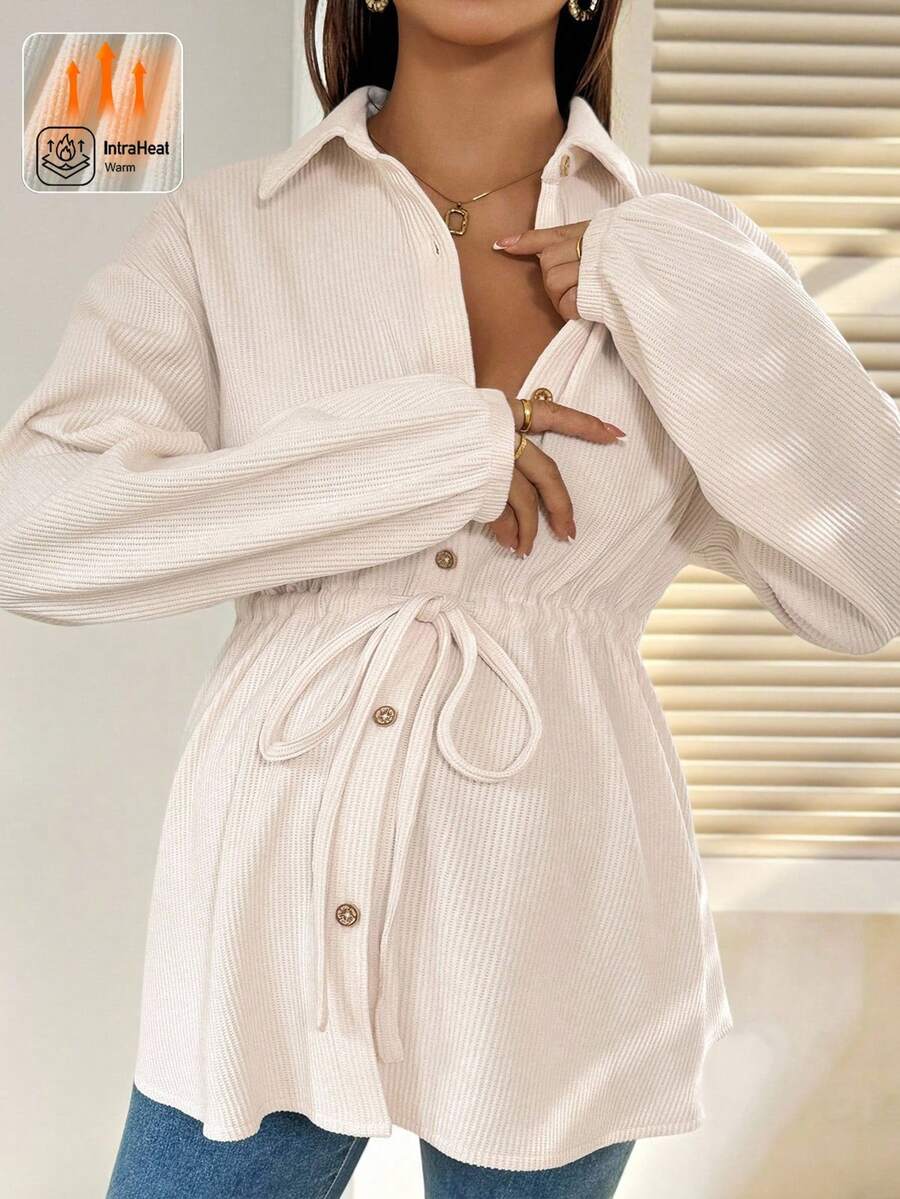 SHEIN 孕妇纯色落肩长袖单排扣抽绳腰休闲哺乳上衣 - 卡其色 - 查看 1