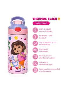 DORA | SHEIN 500 ml Bouteille d'eau en acier inoxydable avec paille, avec poignée, convient pour les sports, les voyages et l'école - Rose bonbon - Voir 2