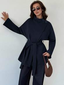 Aloruh 女士纯色大衣，时尚通勤款，秋冬季 - 藏蓝色 - 查看 3