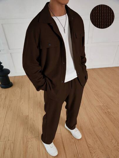 Manfinity Hypemode Men's Waffle Texture Jacquard Shirt Set Men 2 Piece Set Spring Fall 18 25 63 77 Brown Oversized Sweatpants Men Men S Two Piece Set Men S Co Ord Set Men Brown Outfit