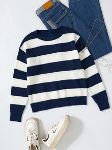 Sparklyn Teen Girl Loose Fit Asymmetrical Shoulder Long Sleeve Striped Sweater, Suitable For Home, Outing, Party, Back To School, Blue And White Sweater, Winter Christmas Halloween - Navy Blue - View 6