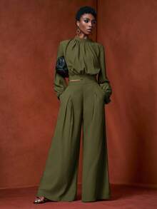 Zivah Hàng mới về đầu thu 2025, Thích hợp cho tiệc sinh nhật, trở lại trường, phong cách trường học, trang phục hàng ngày, thường ngày, nghỉ dưỡng, du lịch du thuyền, bãi biển, tắm nắng, thanh lịch, đi làm, thường ngày công sở, áo dài tay nữ có cổ đứng và chi tiết nhún bèo cùng quần ống đứng có túi và khóa kéo, màu đỏ rượu, bộ 2 món - xanh quân đội - Xem 5