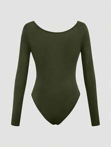 INAWLY Women's Fashionable Solid Color Long Sleeve Bodysuit, Autumn - Dark Green - View 2