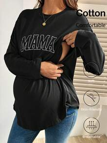 SHEIN Black Cotton Nursing Sweatshirt For New Moms With Round Neck Long Sleeves And Mama Letter Pattern Casual And Breathable Nursing Top Mama Shirt Pregnancy Shirts Breastfeeding Shirt Maternity Shirt - Black - View 1