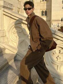 DAZY 男士纯色棕色短款夹克套装，秋季