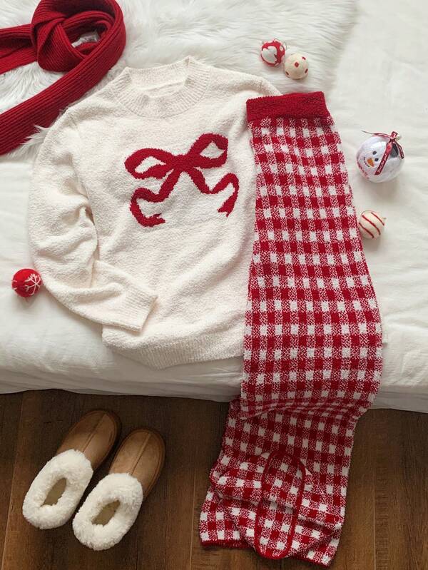 Comfortcana 2pcs Women's Bow Decor Long Sleeve Sweater And Plaid Knit Pants Loungewear Set Autumn Winter Clothes For Women, Christmas