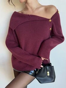 Firerie Women's Asymmetric Off-Shoulder Metallic Button Long Sleeve Sweater, Convertible High Neck & Off-Shoulder Design, Burgundy Loose Fit Knit Pullover, Holiday Sweater, Suitable For Christmas, Autumn/Winter, Elegant, Work, Sexy, Casual, Festive,Cozy Fall And Winter Clothes For Women,New Year Clothes - Burgundy - View 1