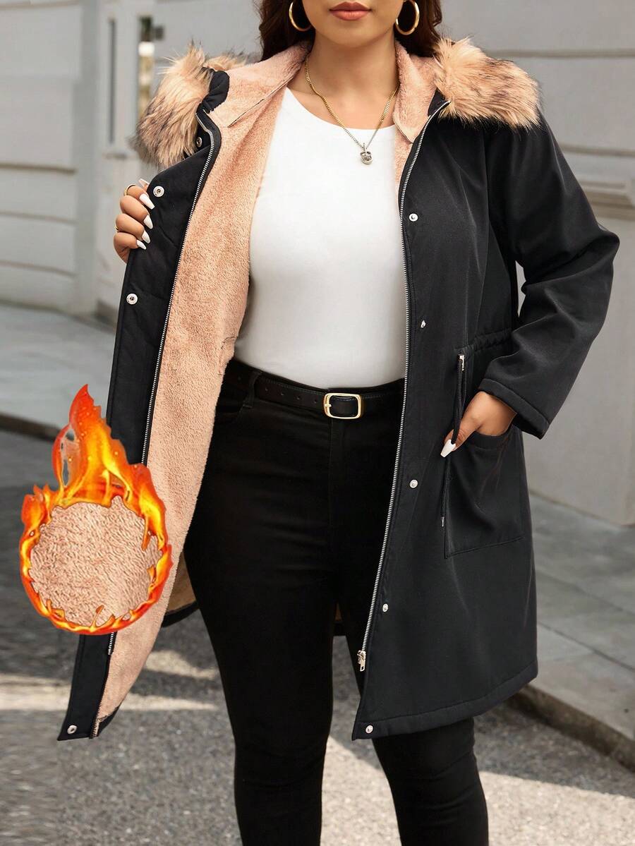 SHEIN Essnce Plus Size Women's Autumn And Winter Fashion Casual Loose Comfortable Daily Gentle Plush Splicing Hooded Cotton Coat Black Mid-Length Coat, Parka Jacket,Winter Outfits,Women's Winter Clothes - Black - View 1