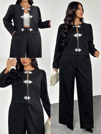 Firerie مجموعة ملابس علوية وبنطلون فضفاض من قطعتين للنساء كبيرات الحجم، ملابس علوية كاردجان بأكمام طويلة وأزرار للزينة، وبنطلون فضفاض، مناسب للاستخدام اليومي والعطلات والأناقة والراحة في فصلي الربيع والخريف