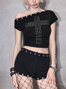 ROMWE Avant 女士时尚十字水钻不对称领短款上衣和短裤两件套 - 黑色 - 查看 5