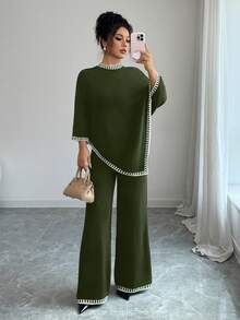 Elenzga 女士休闲宽松斗篷设计上衣和宽松撞色裤子针织两件套 - 軍綠色 - 查看 3