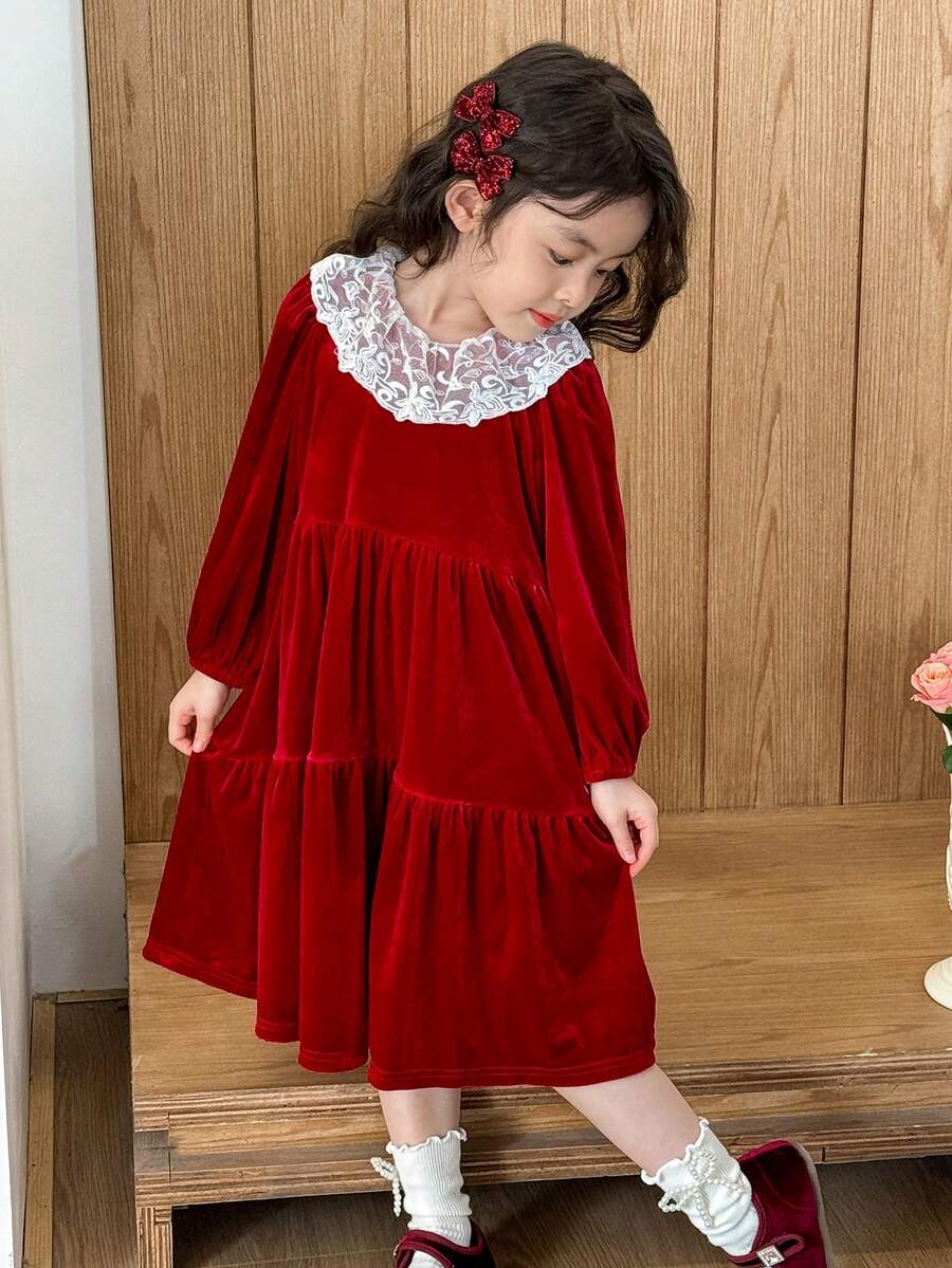 SHEIN Little Byeori Vestido casual para meninas com patchwork, gola com babados e manga bufante - Vermelho e branco - Ver 1