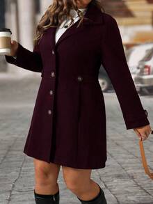 EMERY ROSE Black Lapel Button Decor Waist Cinched Mid-Length Women Overcoat