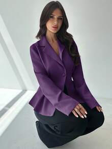 Firerie 女士休闲亚麻收腰长袖翻领薄款西装外套，杏色，秋冬 - 紫色 - 查看 5