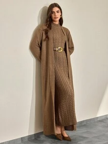 CLARA VERO Women Solid Color Textured Mock Neck Maxi Sweater Dress & Open Front Maxi Cardigan 2pcs Set - Camel - View 7