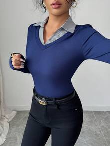 Rafferiza Women's Elegant Contrasting Neckline Splicing Tight Elastic Casual Versatile Fashion Design Long-Sleeved Autumn Fake Two-Piece T-Shirt Ladies Casual T-Shirt Tops Ladies Going Out Tops Bottoming Pullover T-Shirt