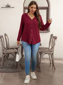 Plus Size Red Casual Knitted Fabric Rib-Knit Hooded Long Sleeve T-Shirt With Buttons Regular Length Plus Size Ribbed Knit Top Burgundy Hooded Button Up Wine Red Ribbed Sweater Plus Size Long Sleeve Top Dark Red Knit Blouse - Red - View 6