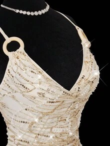 SHEIN ICON 女士手工串珠亮片人造毛皮饰边迷你派对连衣裙 - 杏色 - 查看 5