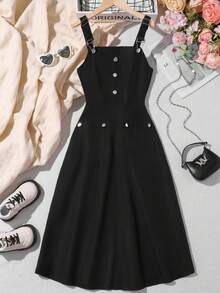 Teen Girl Solid Overall Dress Without Tee - Black - View 3