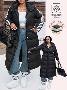 SHEIN EZwear 大尺碼女款休閒長款加厚外套，學院風，適合日常穿著，秋冬返校季 - 黑色 - 查看 1