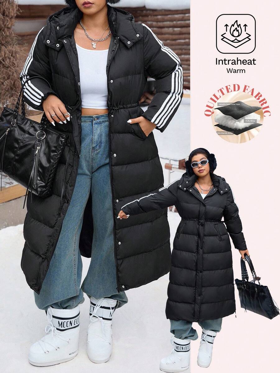 SHEIN EZwear 大尺碼女款休閒長款加厚外套，學院風，適合日常穿著，秋冬返校季 - 黑色 - 查看 1