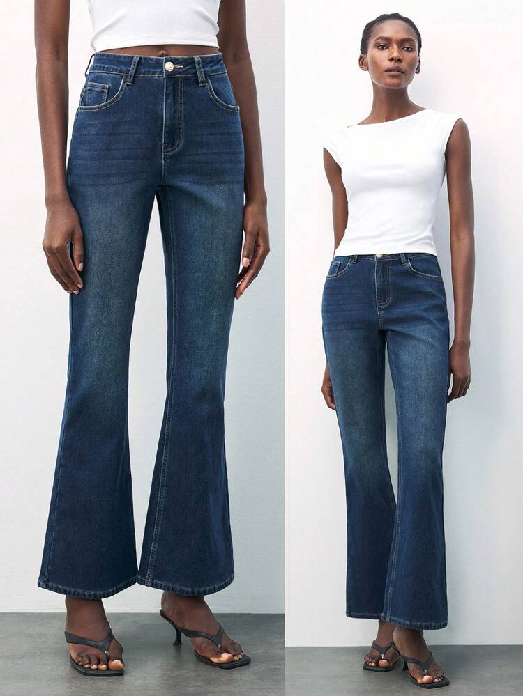 SHEIN Maija Women's Retro Blue Jeans High Elasticity Slim Flared Pants Old Money Style Casual Autumn And Winter Pants