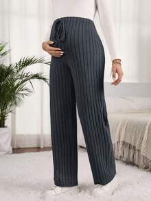 SHEIN Maternity Solid Color Adjustable Waist Ribbed Straight Loose Casual Pants Fall - Dark Grey - View 4