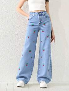 SHEIN Explorewe Tween Girls Casual Washed Eans With Embroidered Design, Straight Fit - Medium Wash - View 3