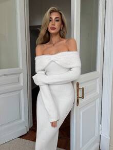 SHEIN Clasi Women's Elegant Twist Off Shoulder Long Sleeve Knit Dress ...