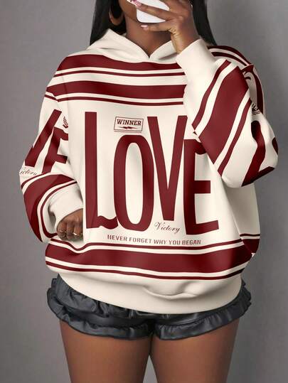 Slaydiva Áo sweatshirt nữ cỡ lớn in hình trái tim màu đỏ, phong cách đường phố thường ngày, phù hợp cho mùa thu/đông và các bữa tiệc năm mới.