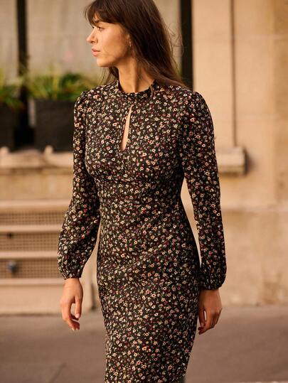 lacRébo Vestido tejido de estilo vintage con cuello alto, estampado floral negro, para fiesta de graduación, atuendo de oficina para mujer, vestido floral negro, vestido de estilo francés, vestido de otoño