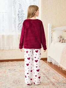 Snug Zone 少女心形刺绣法兰绒长袖上衣和裤子睡衣套装，圣诞节 - 紅色 - 查看 2