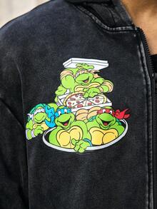 ROMWE MEN TEENAGE MUTANT NINJA TURTLES | ROMWE Men's Casual Turtle Print Washed Zip-Up Hooded Sweatshirt, Autumn - Black - View 10