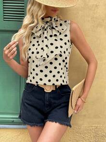 Franclia 时尚优雅百搭 H 型法式蝴蝶结波尔卡圆点宽松无袖女士衬衫，春夏 - 彩色 - 查看 3