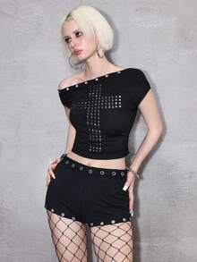 ROMWE Avant 女士时尚十字水钻不对称领短款上衣和短裤两件套 - 黑色 - 查看 4