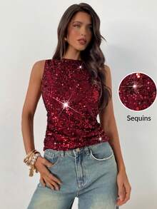 Aloruh Women's Sequin Embellished Sleeveless Crew Neck Bodycon Tank Top, Suitable For Party, Christmas, New Year,Christmas,Red Top