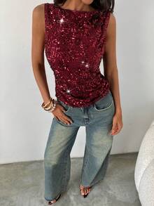 Aloruh Women's Sequin Embellished Sleeveless Crew Neck Bodycon Tank Top, Suitable For Party, Christmas, New Year,Christmas,Red Top