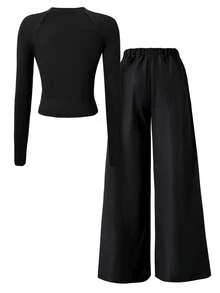 Sparklyn Conjunto de camiseta y pantalones casuales para adolescentes y niñas preadolescentes, con estampado de estrella blanca en el pecho y cordón decorativo blanco, adecuado para caminar, ir de compras, ir a la escuela, se puede combinar con chaqueta o chaleco