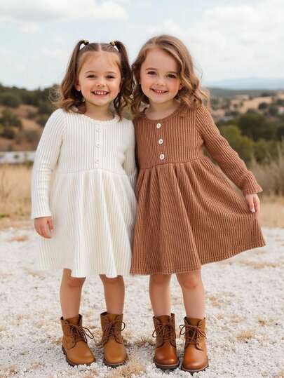 SHEIN Emery Rose Kids 年轻女孩、婴儿/青春期女孩 Twims 女孩 2 件纯色圆领秋季纽扣装饰罗纹休闲冬装套装、秋冬、圣诞节、万圣节、棕色、白色毛衣裙、派对装、日常装和上学日常装、妈妈和姐妹和我、职业装、假日、家庭装。