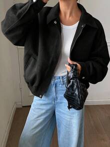 DAZY Loose Casual Brown Short Jacket Coat, Autumn/Winter - Black - View 4