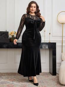 Modelyn Đầm ôm body nhung thêu ren thanh lịch cỡ lớn cho nữ - màu đen - Xem 5