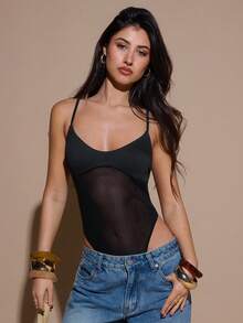 SHEIN BAE 黑色透明网眼拼布不对称紧身衣，适合圣诞节、万圣节、亡灵节，女士 - 黑色 - 查看 5