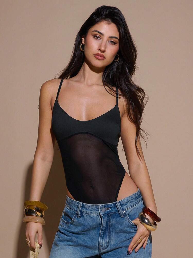 SHEIN BAE Zwarte asymmetrische body met doorschijnende mesh-patchwork, geschikt voor Kerstmis, Halloween, Dag van de Doden, vrouwen - Zwart - Bekijken 5