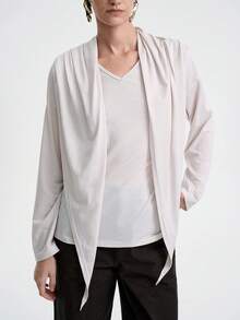 SHEIN LUNE 女士优雅时尚通勤休闲舒适迷人复古简约高端长袖V领宽松披肩领百搭纯色T恤 - 杏色 - 查看 8