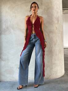 Aloruh Women's Sexy Halter Neck Chiffon Blouse,Sexy Tops - Burgundy - View 3