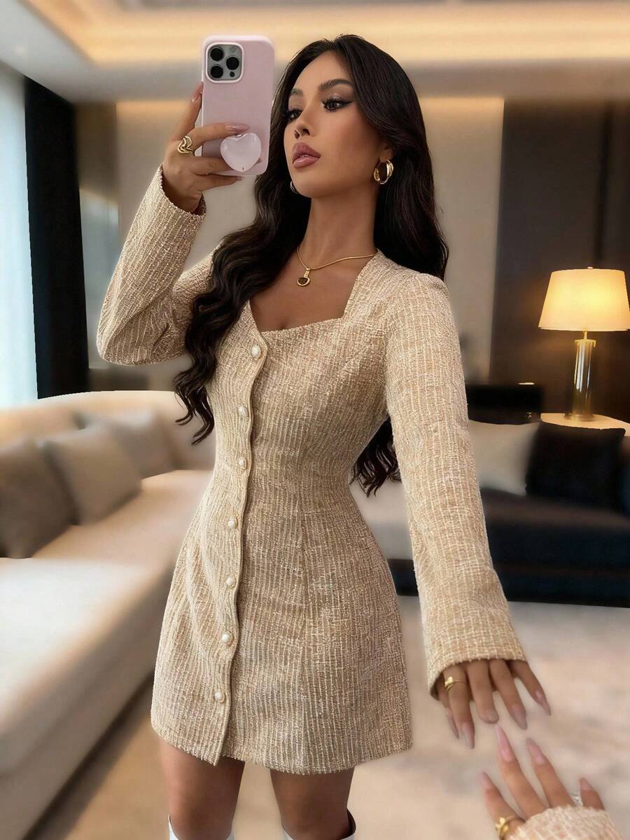 Rafferiza New Arrival Square Neck Elegant Mid-Length Dress For Women, Spring/Autumn - Pale Yellow - View 1